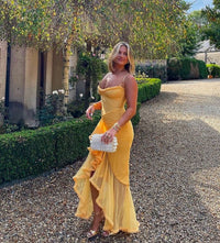 House of CB Gabbi Apricot Ruffled Front Gown