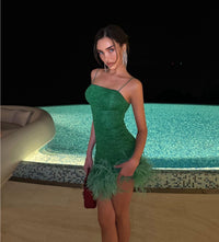 Oseree Feather-Trim Mini Dress - Green