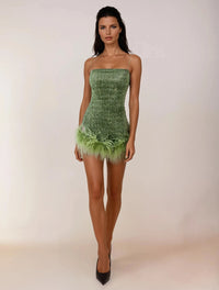 Oseree Feather-Trim Mini Dress - Green
