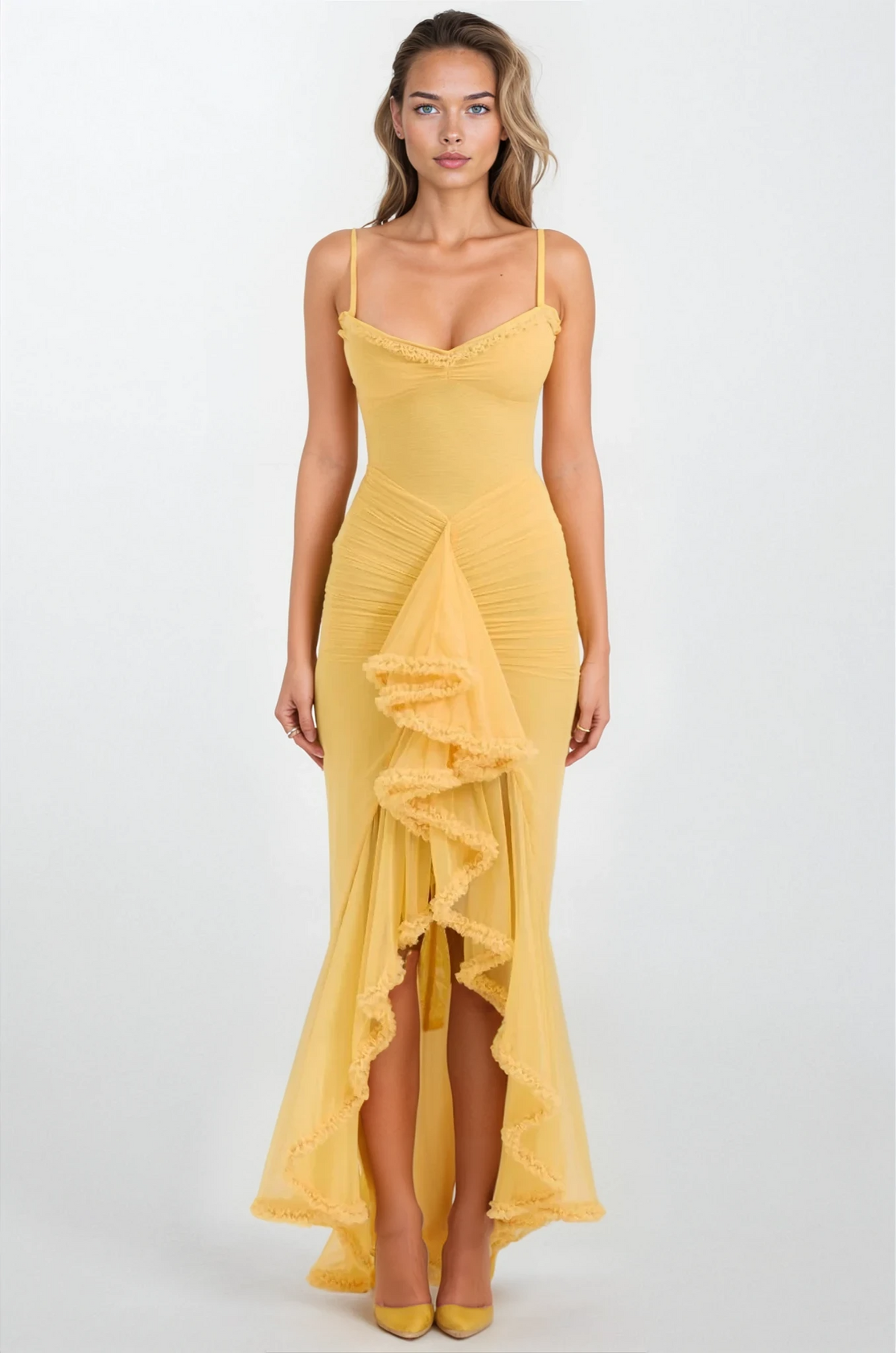 House of CB Gabbi Apricot Ruffled Front Gown