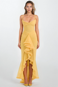 House of CB Gabbi Apricot Ruffled Front Gown