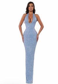 Albina Dyla Halter Crystal Gown light blue