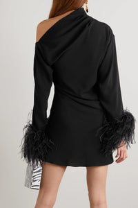 16Arlington Adelaide Asymmetric Feather Trimmed Crepe Mini Dress -Black