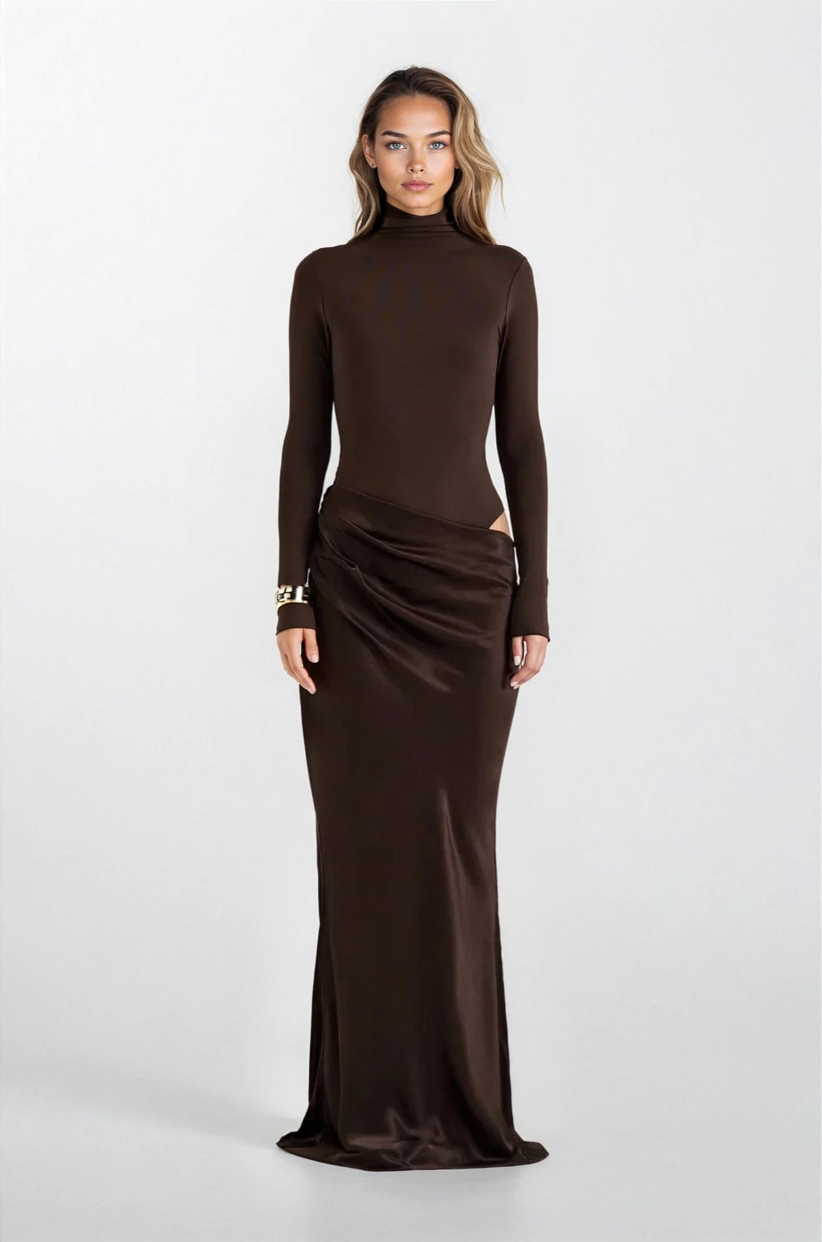 long sleeve dress hire SNEAKY LINK ELLA SQUIRE LONG SLEEVE MAXI DRESS CHOCOLATE - available in a 6, 8 & 10