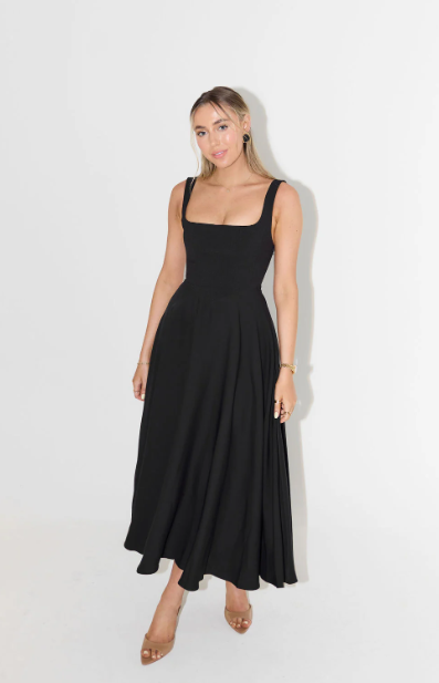 Odd Muse High Waist Square Neck Midi Dress | Black